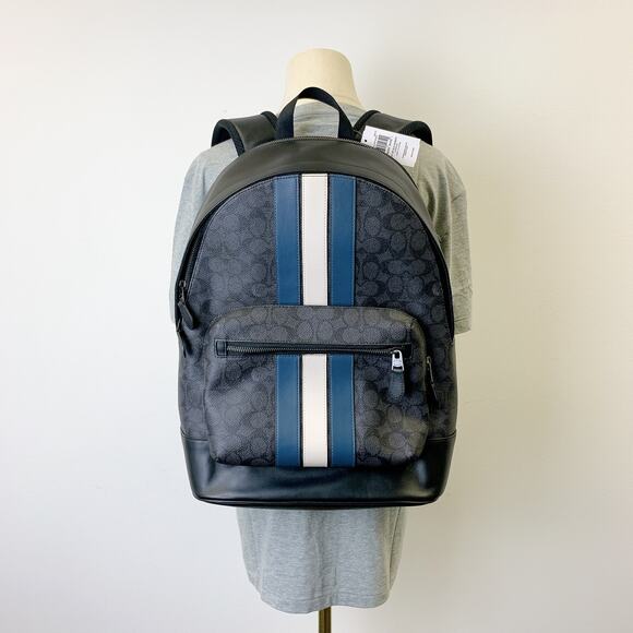 Coach Cv922 West Backpack Signature Canvas Varsity Stripe Charcoal/Denim/Chalk - Picture 1 of 8